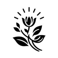 Black and White Floral Emblem Stylized Bloom with Leaves, Rays of Light, and a Minimalist on White Background. vector