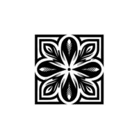 Geometric Black and White Floral Within a Square Frame, Featuring Detailed Petal Shapes, Leaves, and a Central Dot. vector
