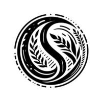 A minimalist black and white circular featuring a stylized S shape intertwined with wheat and leafy branches, enclosed in a dotted border. vector