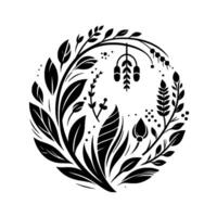 Elegant Black and White Floral Design A stylized circle composition featuring leaves, sprigs, and botanical elements, creating a sophisticated and balanced arrangement against a white background. vector