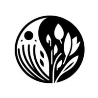 YinYang styled nature illustration, balancing organic forms of stylized sun and leaves in a monochromatic black and white circle. vector