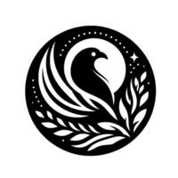 Serene Black and White Emblem Silhouette of a Bird in a Celestial Circle, with Moon, Stars, and Botanical Elements. vector