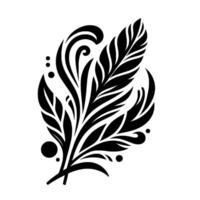Intricate Black and White Feather Illustration A stylized artwork depicting two overlapping feathers with elegant curves, leaves, and dot accents against a plain white backdrop. vector