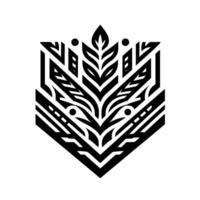 A symmetrical black and white geometric tribal with a central leaflike element, featuring sharp angles and dot accents against a plain white background. vector