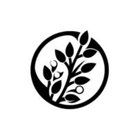 Black and White Minimalist Logo Branch with Leaves and Berries Enclosed within a Circle on a White Background. vector