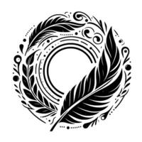 Intricate Black and White Circular Featuring Two Feathers, Decorative Ornaments, and Concentric Circles vector