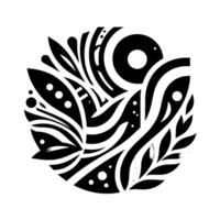 A symmetrical, abstract, monochrome floral inside a rounded square, utilizing layered organic shapes like leaves, eyes, and flowing lines, with white dots. vector
