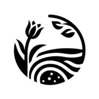 A Stylized Black and White Floral Composition Within a Circle, Featuring a Tulip, Leaves, and Abstract Elements, Evoking Nature and Harmony. vector