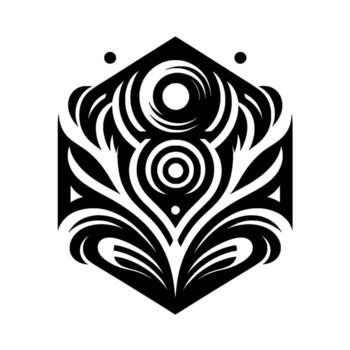 negrita geométrico tribal emblema con arremolinándose patrones y concéntrico círculos, evocando un sentido de armonía y antiguo simbolismo, presentado en un monocromo diseño. vector
