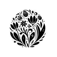 A stylized black and white Easter egg composition filled with floral and botanical elements, including flowers and stylized Easter eggs, arranged in a circular shape. vector