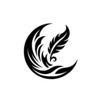 An elegant black feather, stylized with swirling accents forming a crescent, set against a stark white backdrop. vector