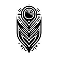 Geometric black and white tribal featuring eyelike spiral within a stylized feather or leaf shape with intricate linework and dots. vector