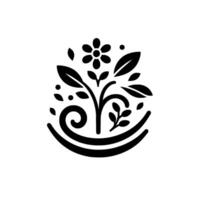 A symmetrical black and white stylized botanical illustration featuring a central flower, leaves, swirling tendril, and curved base, creating a harmonious design. vector