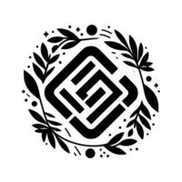 Elegant Monochrome Design Intricate Geometric Symbol Enclosed Within a Laurel Wreath Adorned with Delicate Accents, Creating a Modern Symbolic Logo. vector