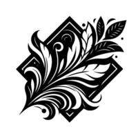 Elegant Black and White Floral in a Rhombus Frame Detailed depiction of a stylized, swirling floral motif with leaves, curves, and subtle shading. vector