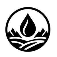 A circular emblem featuring a stylized water droplet above a mountain range and flowing water, rendered in bold black and white. vector