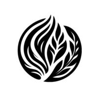 A stylized, symmetrical emblem composed of black organic shapes within a circle, blending flamelike and leaflike forms against a white backdrop. vector
