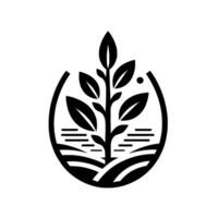 Minimalist black and white depicting a stylized plant with leaves growing from a stem within an oval frame, representing nature and growth. vector