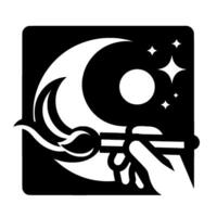A hand using a brush to paint a night scene of the moon, stars, and a planet, all contained within a square. vector