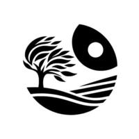 Stylized black and white of a windswept tree, sunmoon, and stylized landscape within a circular frame, evoking serenity. vector