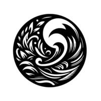 Abstract monochrome circular featuring stylized waves, foliage, and flowing elements in a harmonious balance of black and white. vector