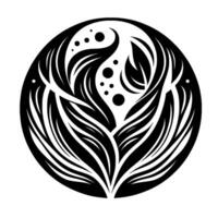A stylized, symmetrical black and white circular featuring flowing lines evoking organic forms like leaves, waves, and droplets, with a minimalist aesthetic. vector