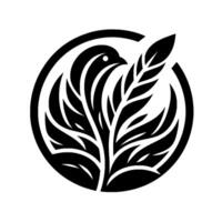 A stylized, black and white emblem featuring a bird integrated with leaves and a wheat stalk, enclosed within a minimalist circular frame. vector