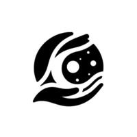 A stylized black and white emblem featuring a celestial body cradled within a pair of embracing hands, with a minimalist and symbolic design. vector