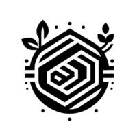 Geometric black and white featuring a layered hexagon, encircled by a ring, dotted detail, and leafy sprigs. vector