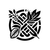 Abstract Black and White Botanical featuring Intertwined Geometric Shapes and Leafy Elements within a Circular Framework. vector