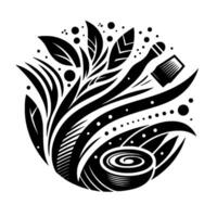 An intricate, black and white illustration featuring stylized natural elements leaves, brush, swirl, and dots, forming a circular composition. vector