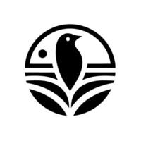 A minimalist black and white depicts a bird in an oval frame with leaflike shapes at the bottom, and a small circle representing a sun. vector