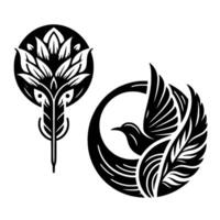 Two elegant black and white botanical illustrations, one a stylized flower with a central stem, and the other a dove in flight with leaves, both in circular frames on a white background. vector