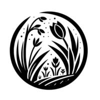 A stylized black and white illustration within a circular frame, depicting various floral elements, including tulips and other foliage, evoking a sense of serene nature. vector