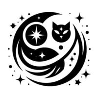 Celestial Cat Emblem Crescent moon embraces a cat silhouette, stars, and celestial elements in black and white, creating a magical and cosmic design. vector