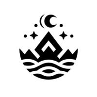 A minimalist, black and white emblem depicting a stylized mountain range, serene waves, celestial bodies moon, stars, and dots, conveying a sense of tranquility and wonder. vector