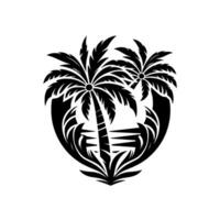 Black and white minimalist tropical scene featuring two palm trees silhouetted within a stylized heart shape, showcasing waves and foliage against a pristine white backdrop. vector