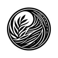 A stylized black and white illustration, a circular within a circle, showcasing plantlike shapes, reminiscent of a feather, set against a stark white background. vector