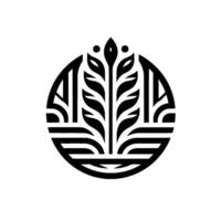 A stylized, symmetrical black and white emblem featuring a central plantlike form, framed by a circular border with geometric elements, evoking growth and balance. vector