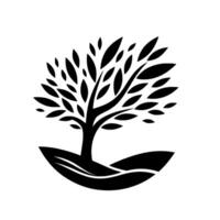 A minimalist black and white tree illustration, stylized with elegant leaf shapes and a simple hill, set against a bright white background. vector