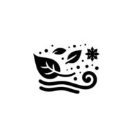 Minimalist black and white illustration of nature elements including leaves, flower, dots, and swirling lines, on a clean white backdrop, conveying a sense of harmony. vector