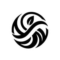 A minimalist, abstract featuring a black swirling within a circle, incorporating a stylized leaf element on a white background, conveying harmony. vector