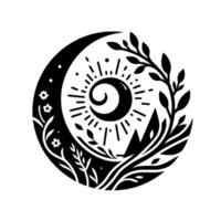 Celestial Harmony A Stylized Crescent Moon, Sun, Mountains, and Floral Elements in a Circular, Minimalist Design. vector