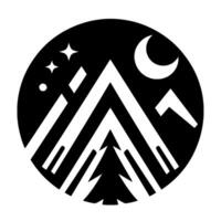 Stylized Night Mountain Scene in a Circle Black and White Illustration with Mountains, Pine Tree, Crescent Moon, Stars. vector