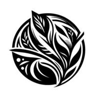 Monochromatic abstract featuring stylized leaves and floral elements arranged inside a circular frame, set against a white background. vector