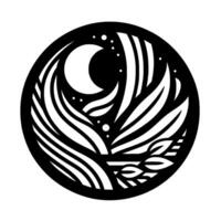 A stylized circular emblem with black and white elements crescent moon, flowing lines, and leaf motifs within a bold, composition evoking nature and tranquility. vector
