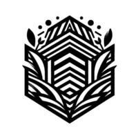 Geometric monochrome emblem, featuring a stylized hexagon with layered architectural patterns and organic leaf accents. vector