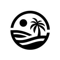 Minimalist Black and White Depicting a Tropical Island Scene Palm Tree, Sun, and Rolling Hills Within a Circular Frame vector