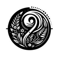 Circular Black and White Botanical Composition A decorative emblem featuring stylized flora and swirling organic forms arranged within a symmetrical design. vector