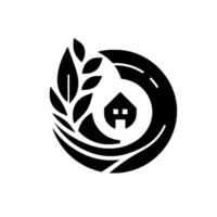 A minimalist black and white features a stylized house encircled by a road and foliage, embodying concepts of home, nature, and sustainability. vector